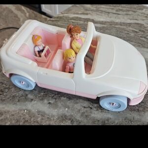 White and Pink Kids Convertible Toy Car with Blue Wheels and Doll Passengers